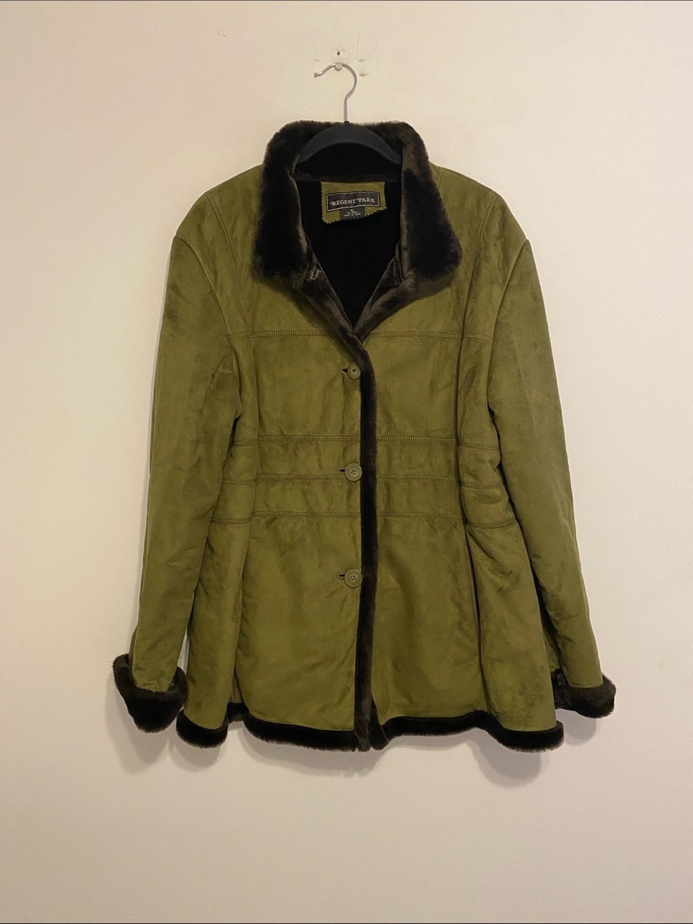 Regent Park Olive Faux-Suede Jacket with Dark Fur Trim, no signs of wear